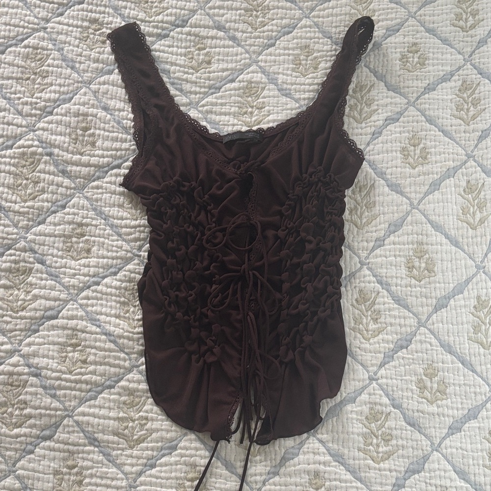 Zara Dark Brown Lace-Trim Ruched Camisole
